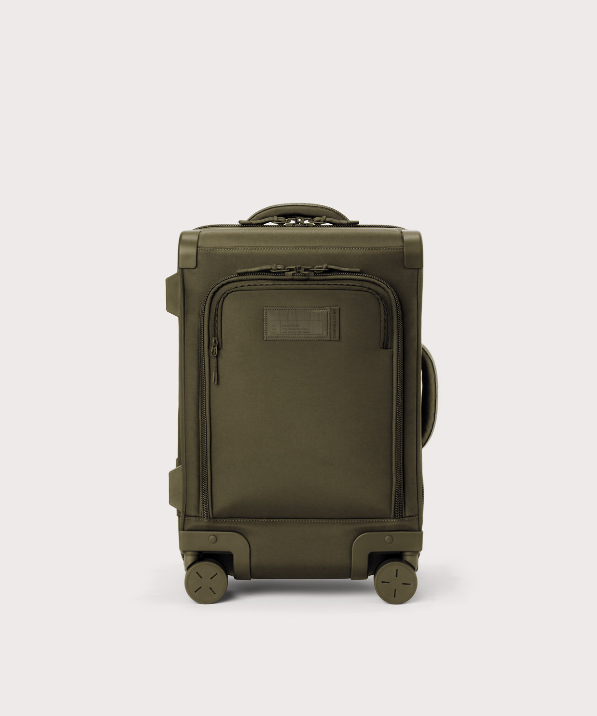 Front view of Seattle carry-on rolling luggage 20.5” in dark green