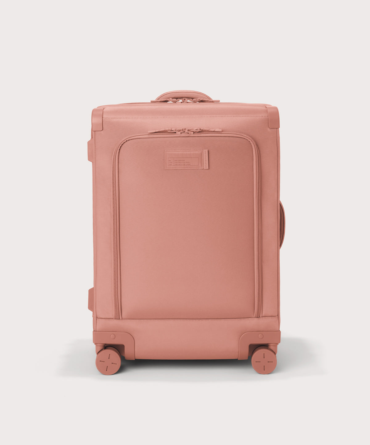 Front view of Sydney checked rolling luggage 25" in warm dust pink