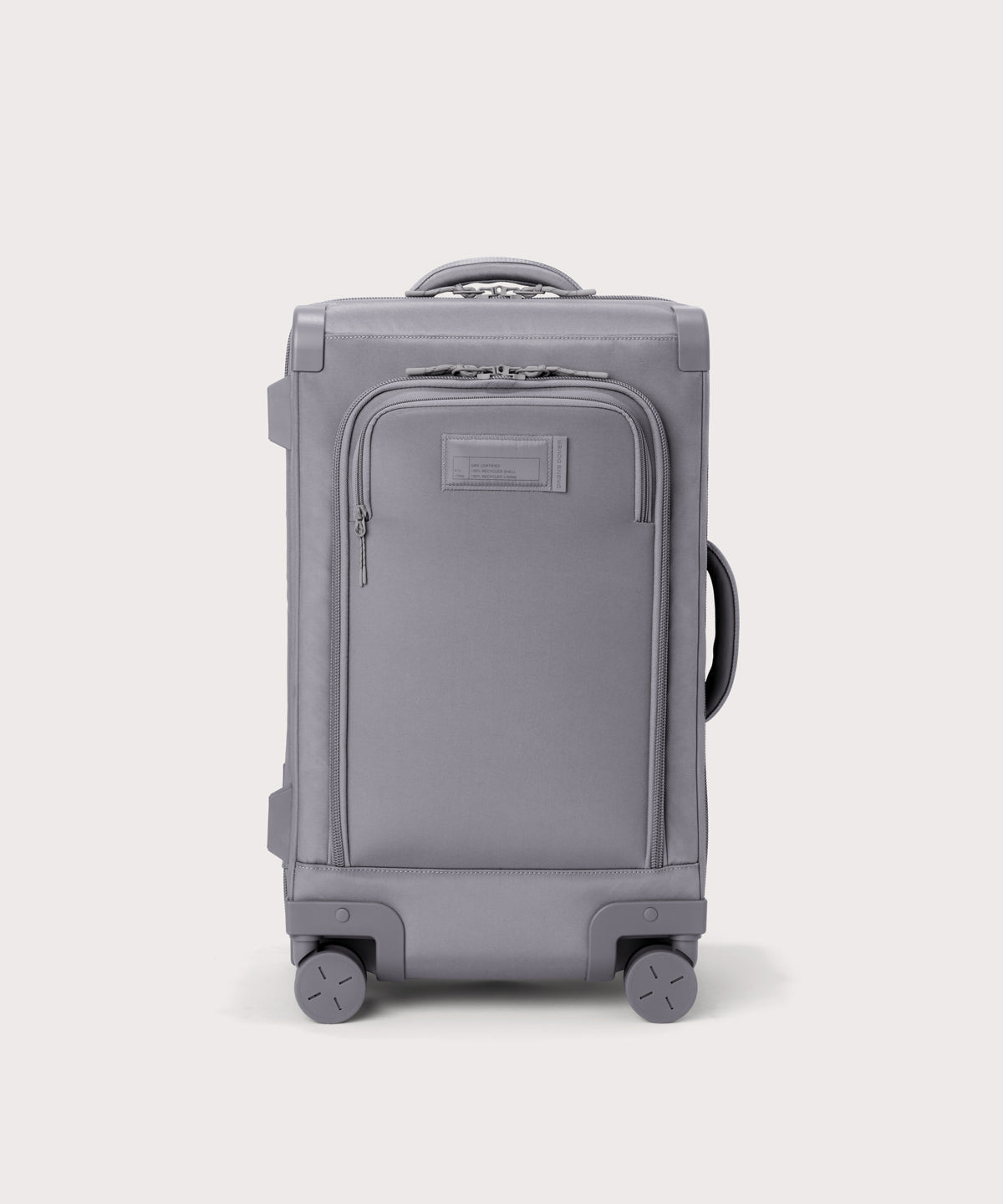 Front view of Seattle carry-on rolling luggage 23.5” in light grey

